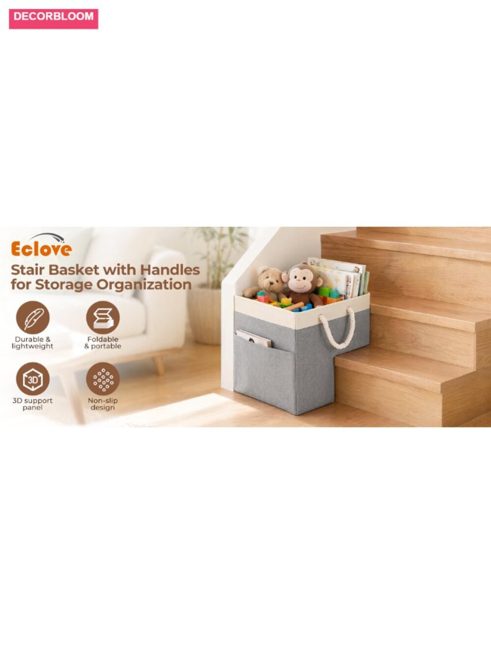 Stair Basket with Lid & Handle, Non-Slip Storage Organizer for Stairs, Cotton & - Picture 6 of 6